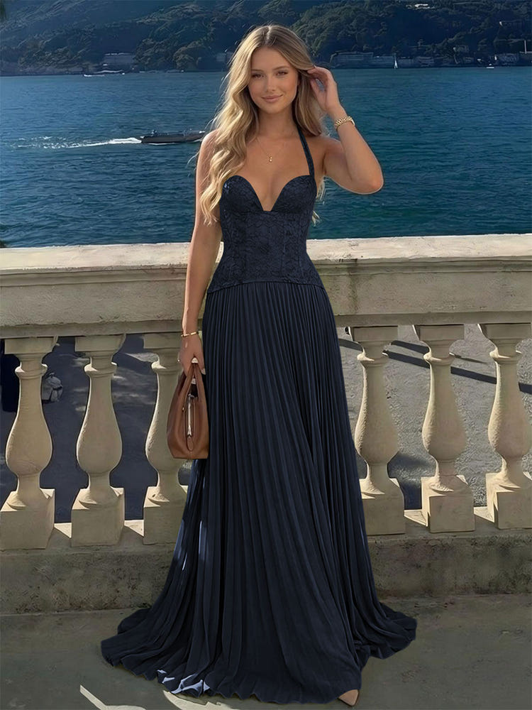 Halter Lace Appliques A Line Formal Occasion Dresses