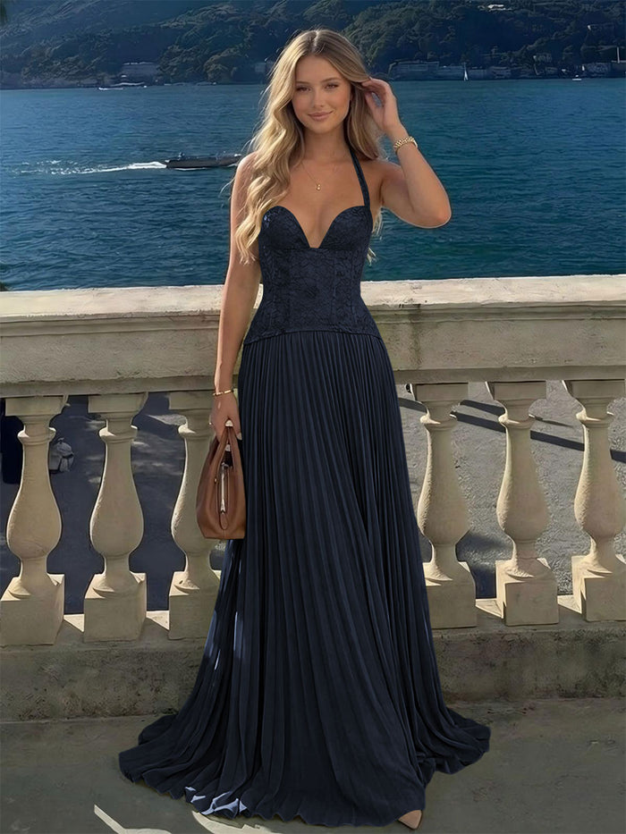 Halter Lace Appliques A Line Formal Occasion Dresses