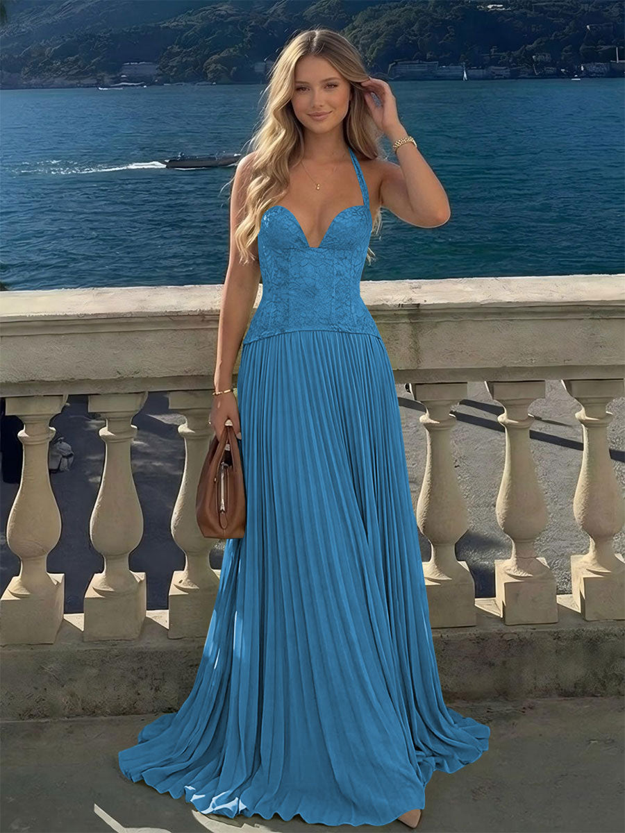 Halter Lace Appliques A Line Formal Occasion Dresses
