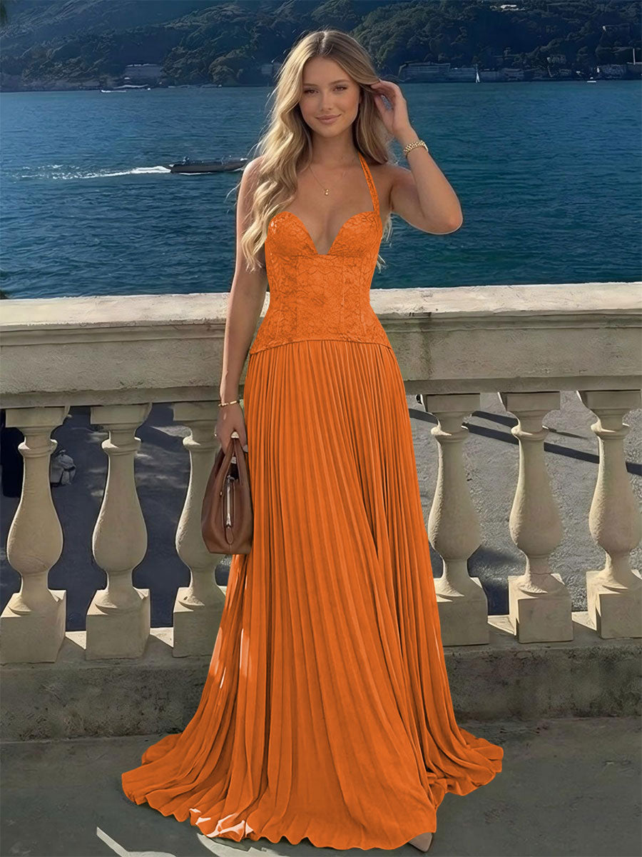 Halter Lace Appliques A Line Formal Occasion Dresses