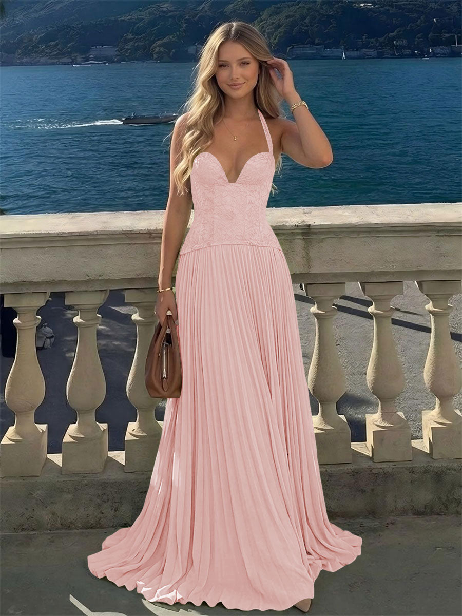 Halter Lace Appliques A Line Formal Occasion Dresses