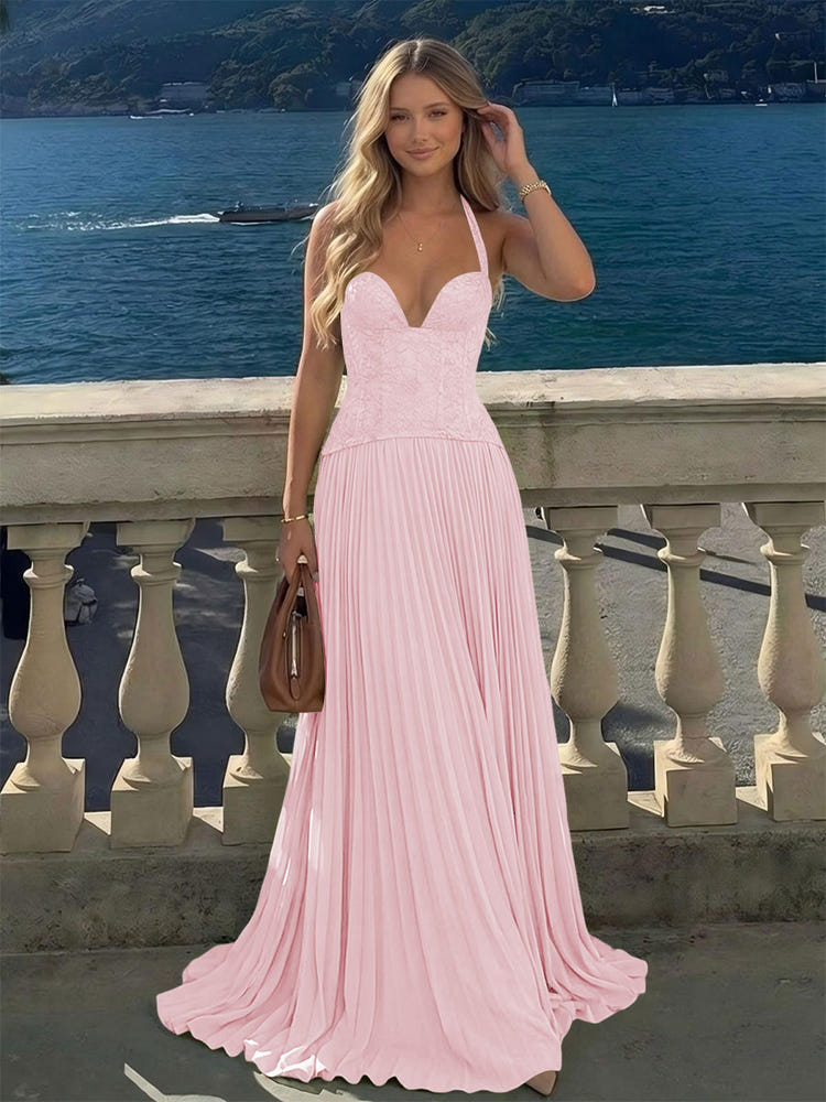 Halter Lace Appliques A Line Formal Occasion Dresses