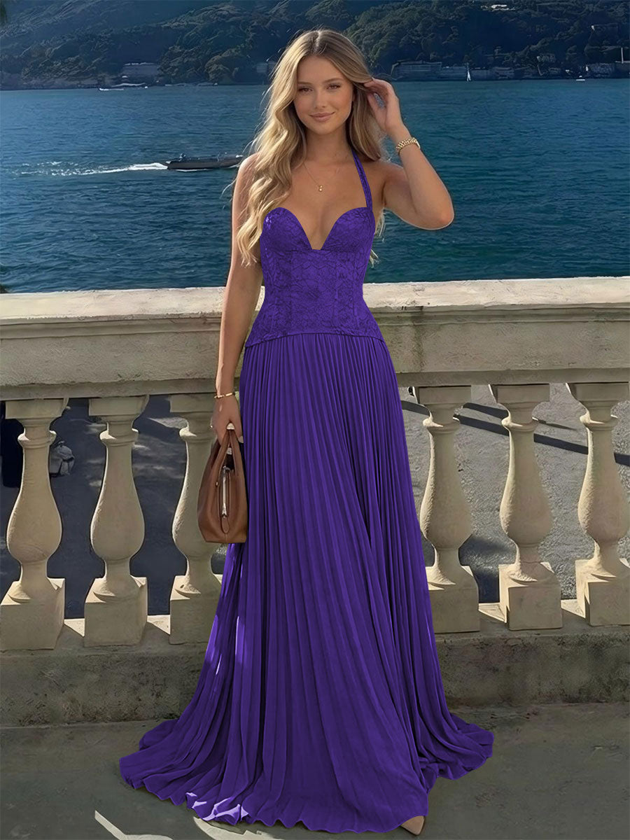 Halter Lace Appliques A Line Formal Occasion Dresses