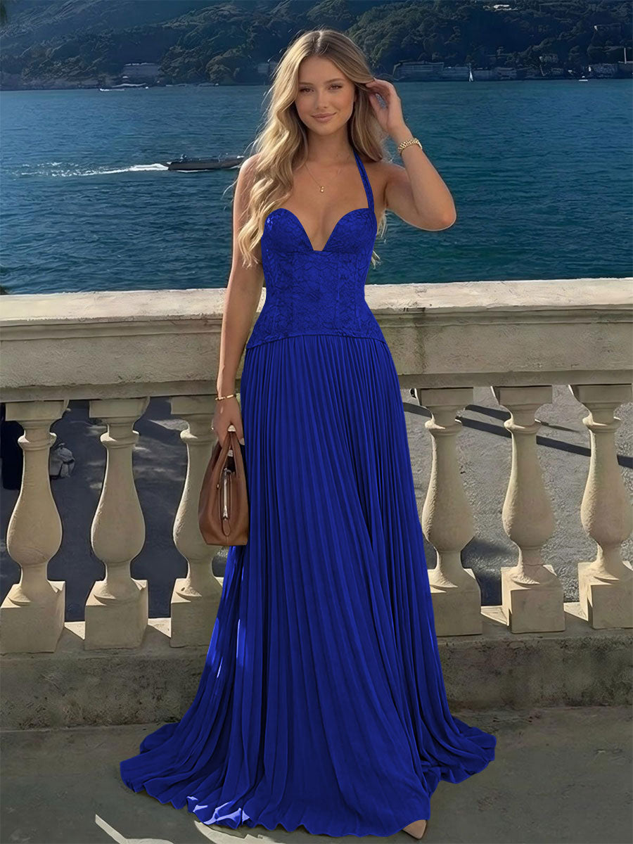 Halter Lace Appliques A Line Formal Occasion Dresses