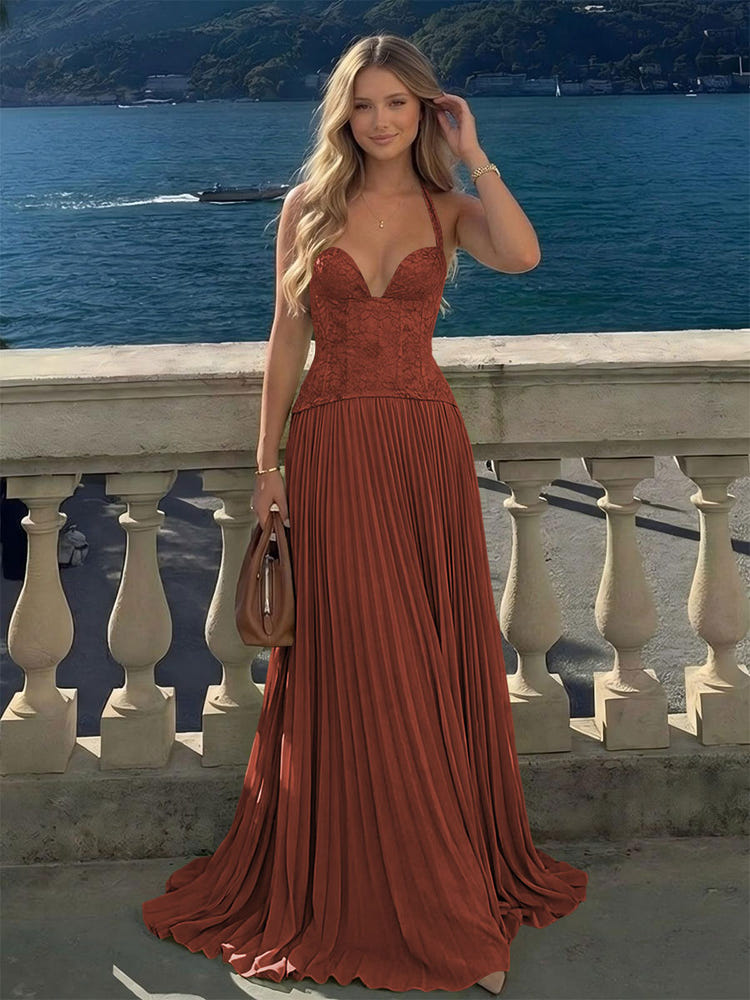 Halter Lace Appliques A Line Formal Occasion Dresses