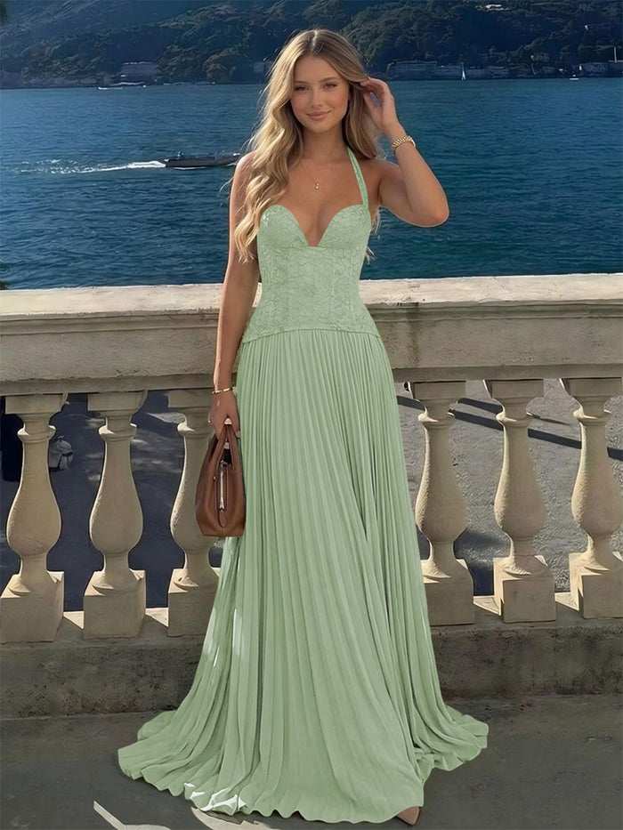 Halter Lace Appliques A Line Formal Occasion Dresses