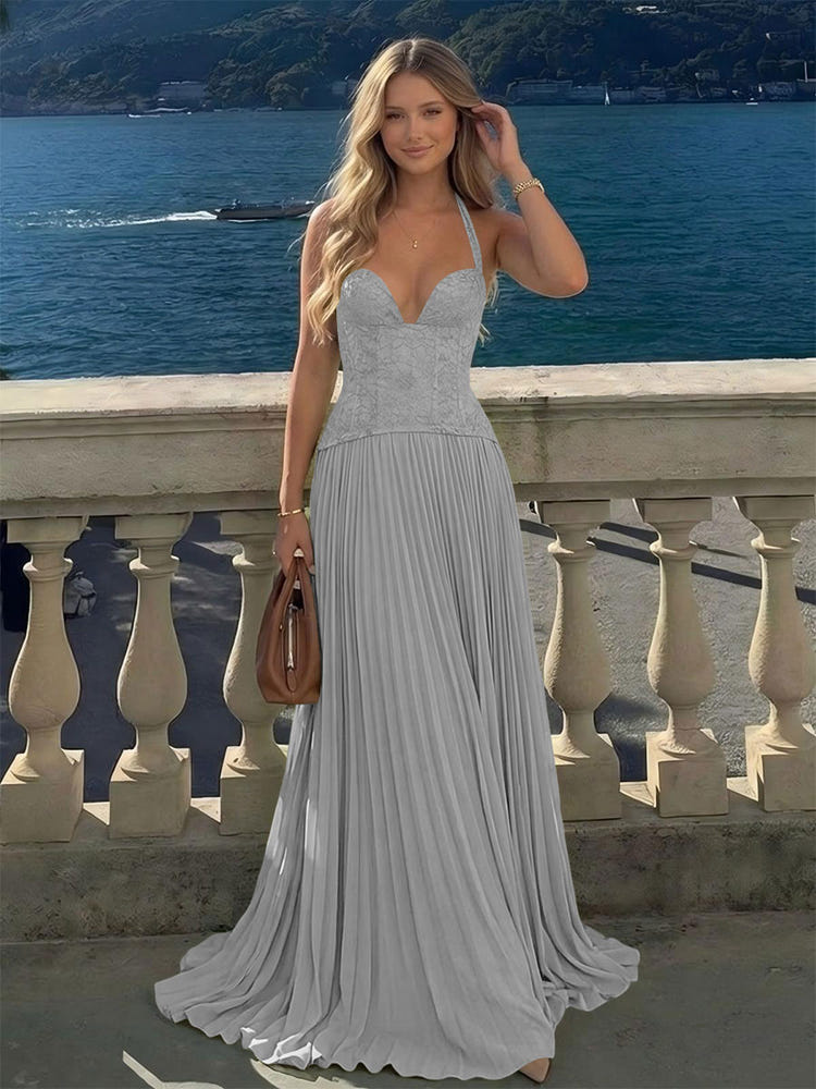 Halter Lace Appliques A Line Formal Occasion Dresses