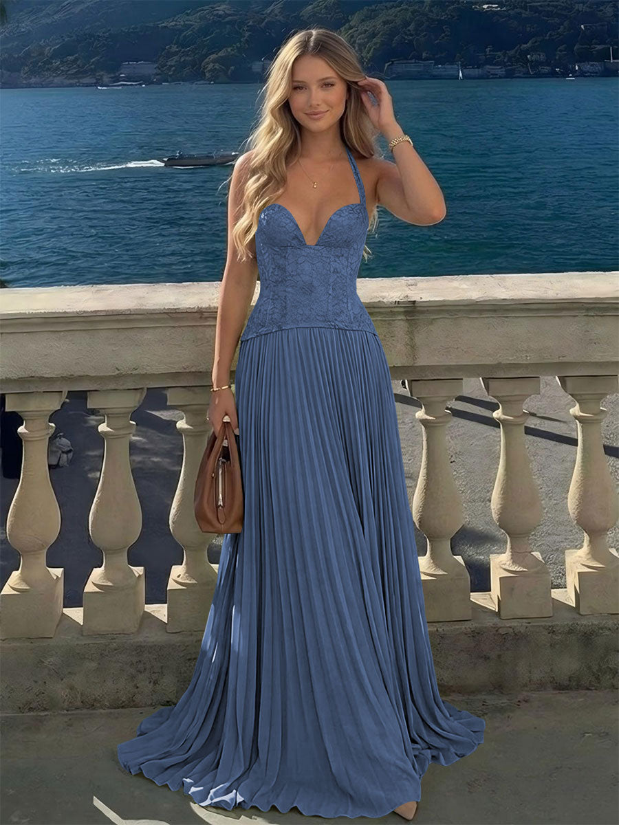 Halter Lace Appliques A Line Formal Occasion Dresses