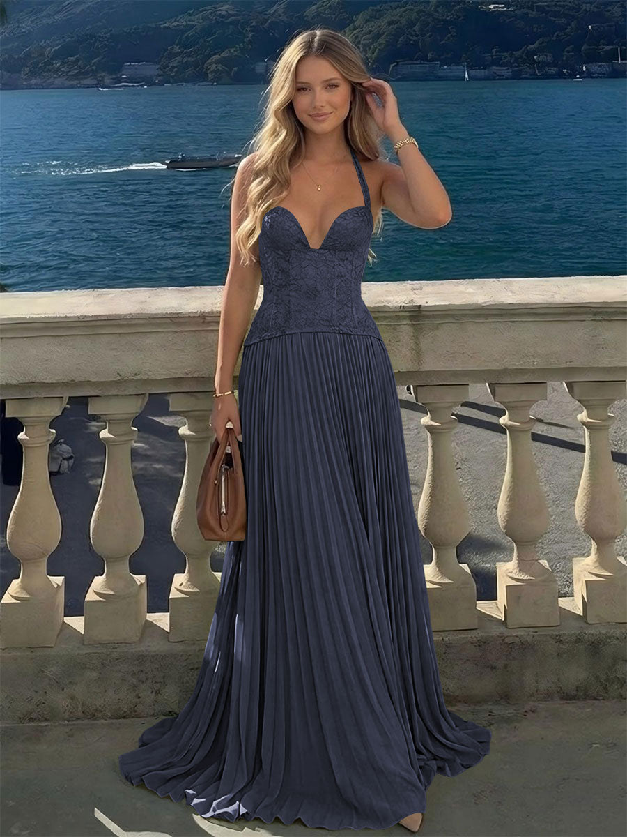 Halter Lace Appliques A Line Formal Occasion Dresses