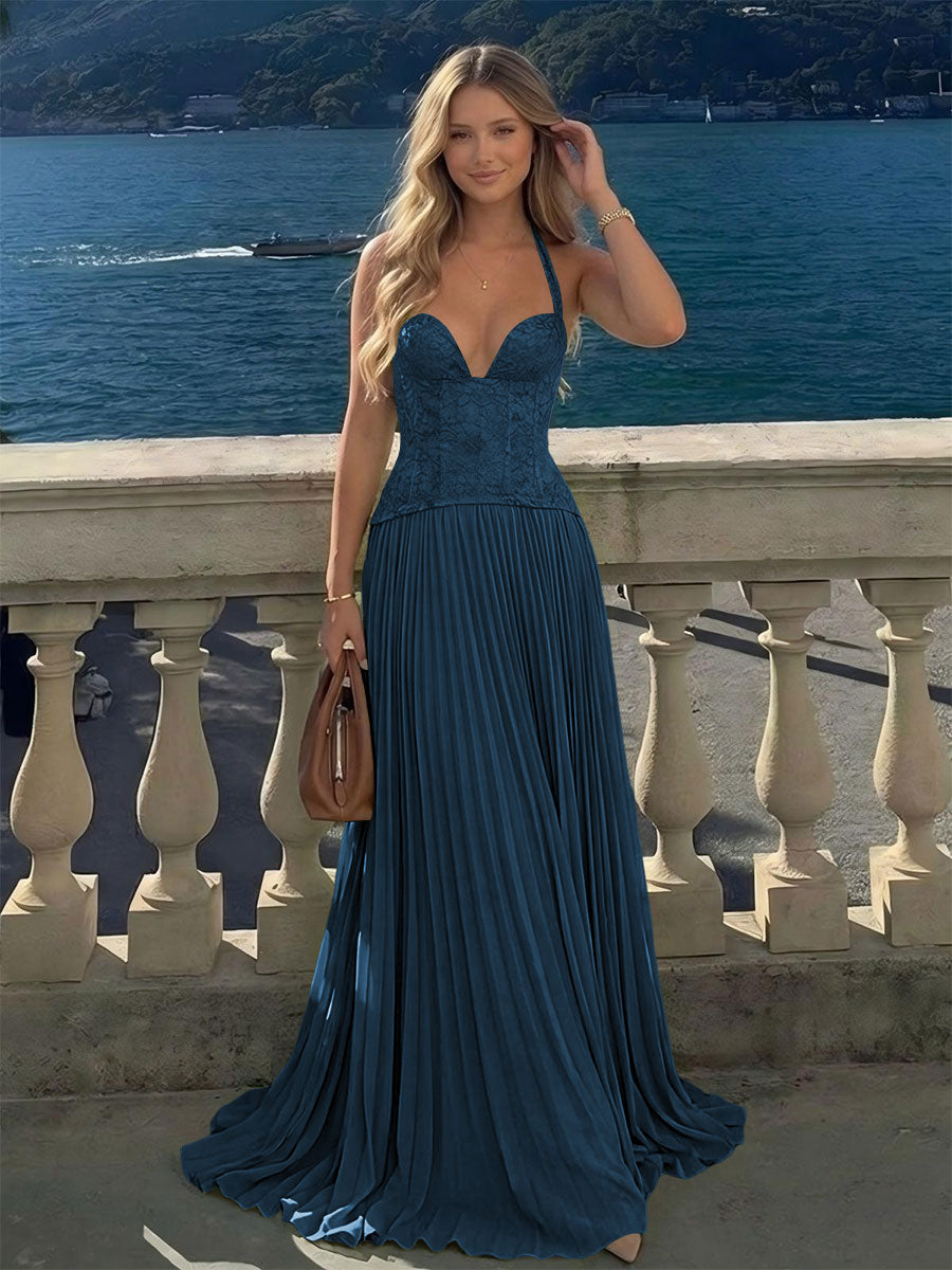 Halter Lace Appliques A Line Formal Occasion Dresses