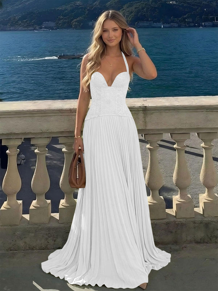 Halter Lace Appliques A Line Formal Occasion Dresses