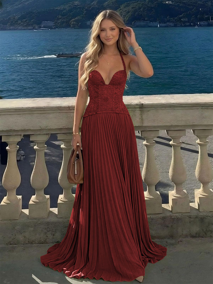 Halter Lace Appliques A Line Formal Occasion Dresses
