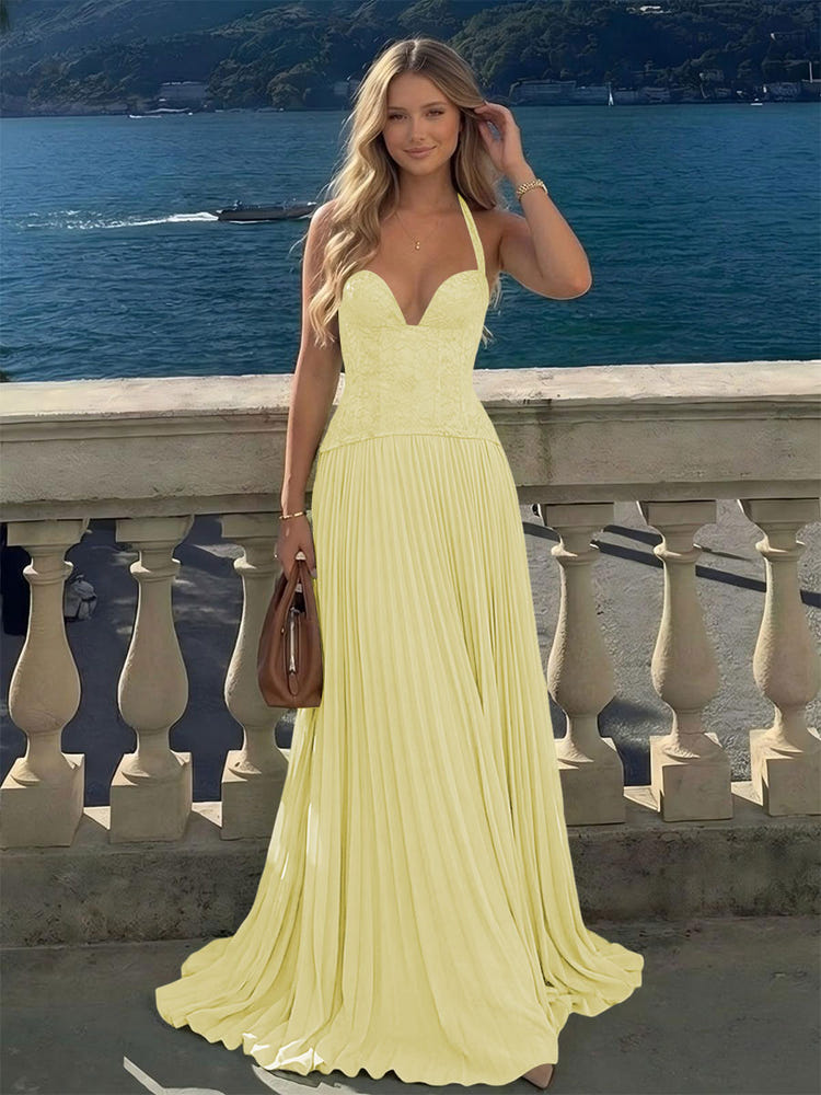 Halter Lace Appliques A Line Formal Occasion Dresses