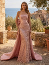 Strapless Lace Appliques Mermaid Long Evening Dresses with Bow & Train