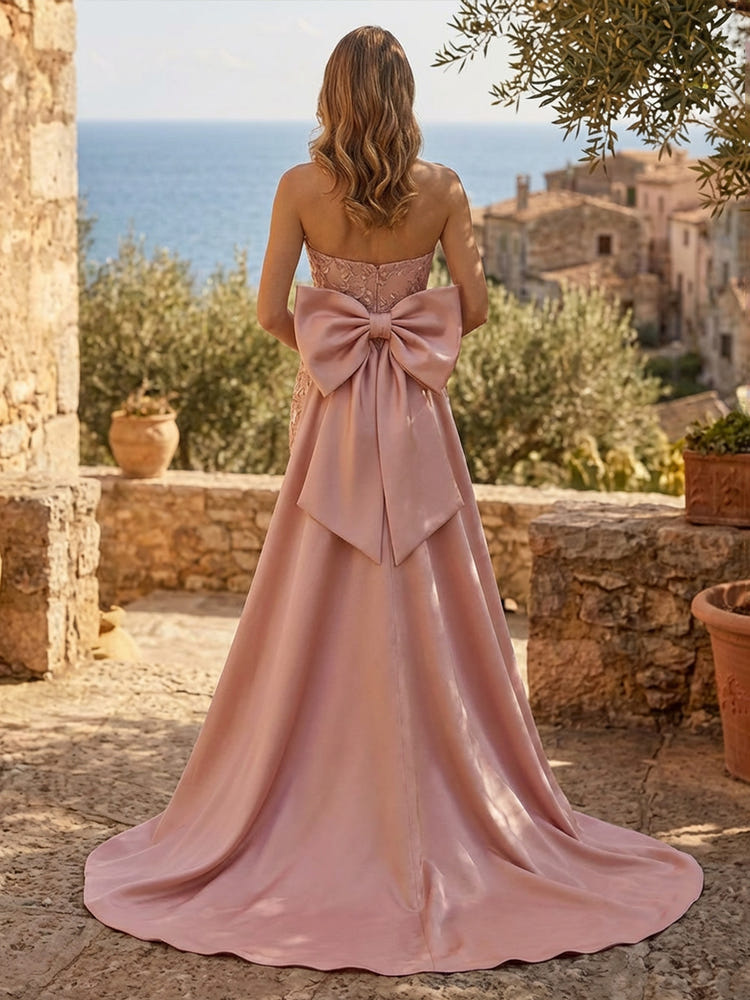 Strapless Lace Appliques Mermaid Long Evening Dresses with Bow & Train