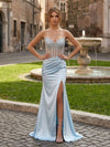 Satin Mermaid Strapless Side Slit Prom Dresses