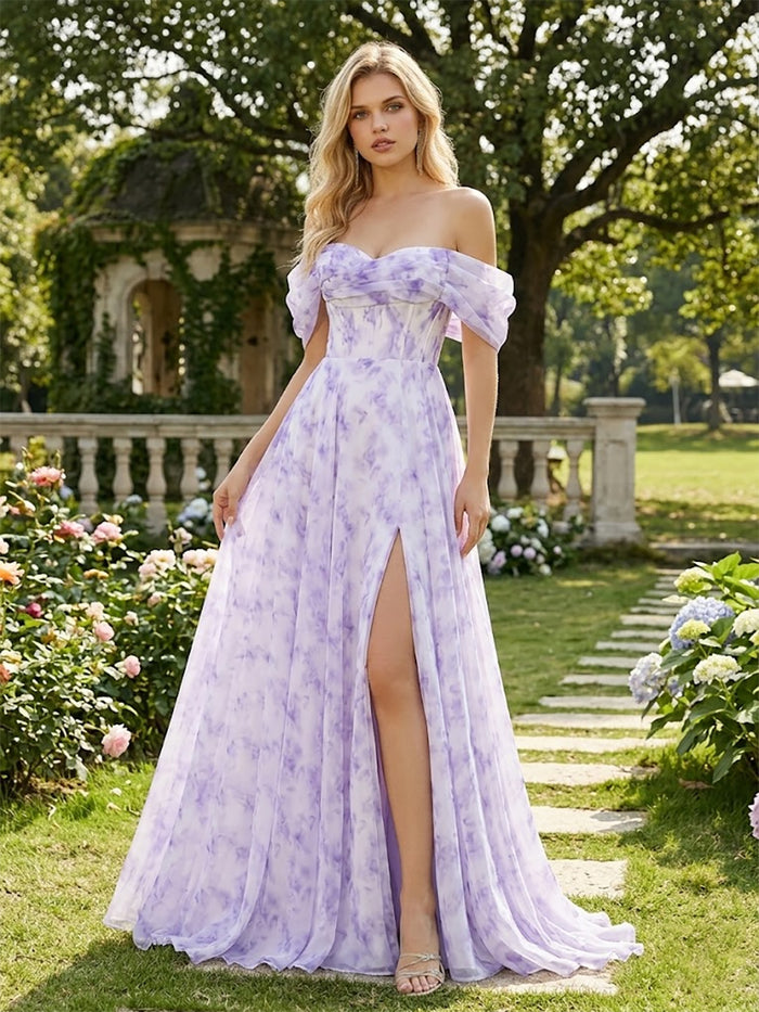 Chiffon A-Line Off the Shoulder Floral Print Prom Dresses