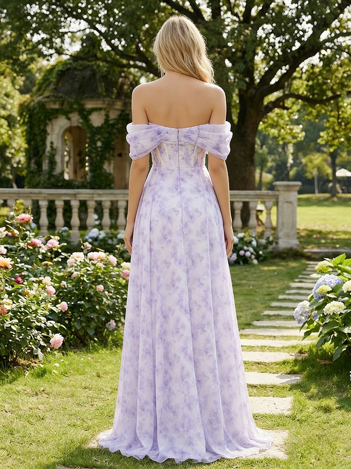 Chiffon A-Line Off the Shoulder Floral Print Prom Dresses