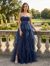 Tulle A-Line Strapless Slit Prom Dresses