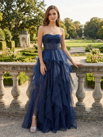 Tulle A-Line Strapless Slit Prom Dresses
