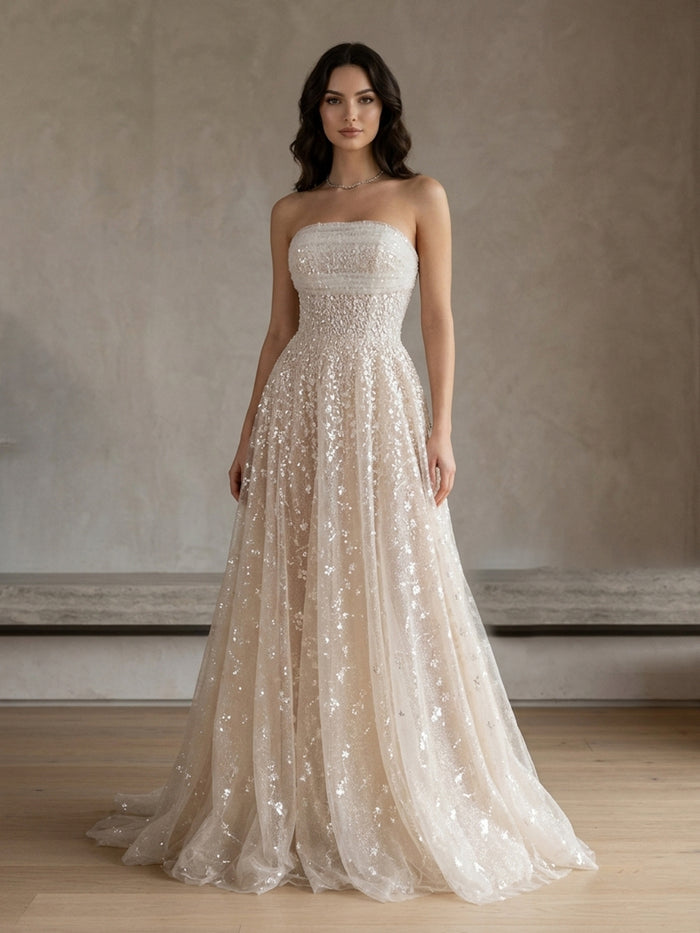 Tulle A-Line Strapless Pleated Prom Dresses