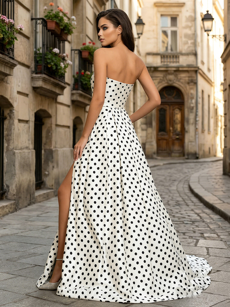 Elegant Strapless Polka Dot Satin Ball Gown Formal Dresses with Front Slit