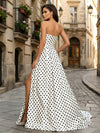 Elegant Strapless Polka Dot Satin Ball Gown Formal Dresses with Front Slit