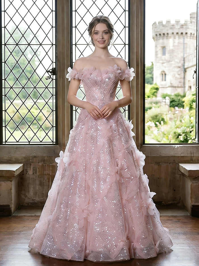 3D Flower Appliques A-Line Off the Shoulder 3D Flowers Prom Dresses