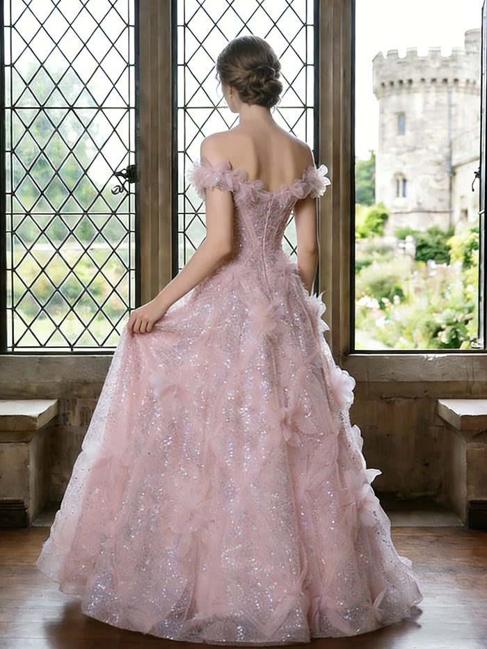 3D Flower Appliques A-Line Off the Shoulder 3D Flowers Prom Dresses