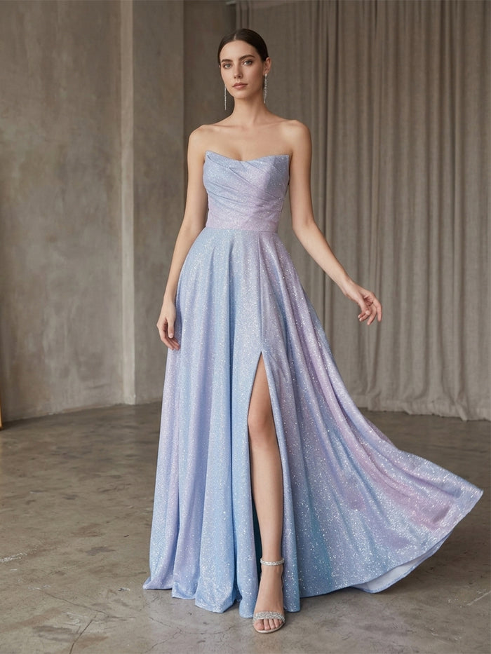Sequin A-Line Strapless Pleated Prom Dresses