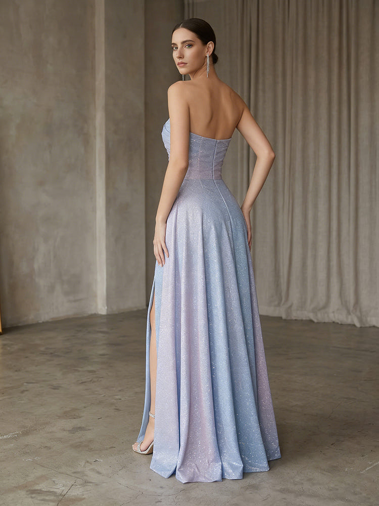 Strapless Pastel Ombre Shimmer Formal Evening Dresses with High Slit