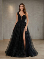 Tulle A-Line One Shoulder Side Slit Prom Dresses