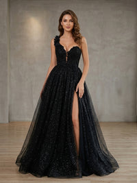 Tulle A-Line One Shoulder Side Slit Prom Dresses