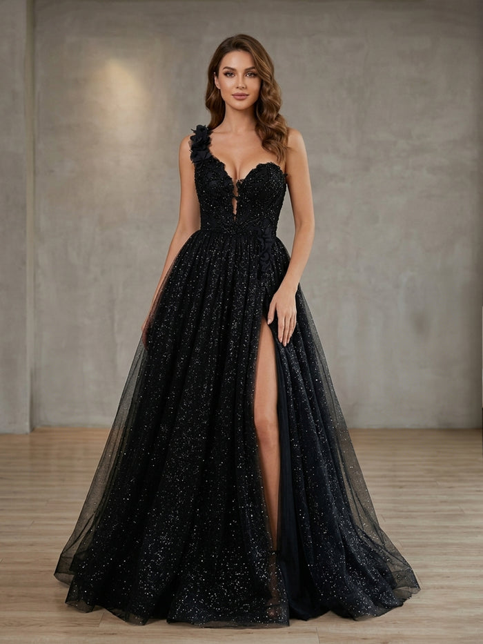 Tulle A-Line One Shoulder Side Slit Prom Dresses