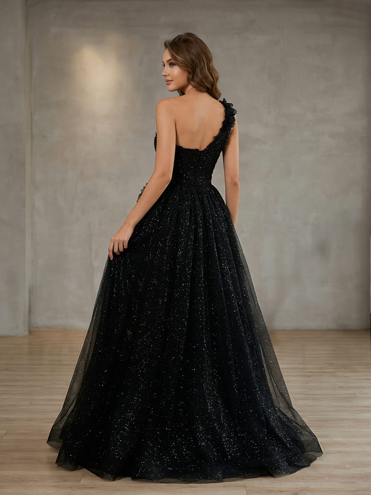 Tulle A-Line One Shoulder Side Slit Prom Dresses