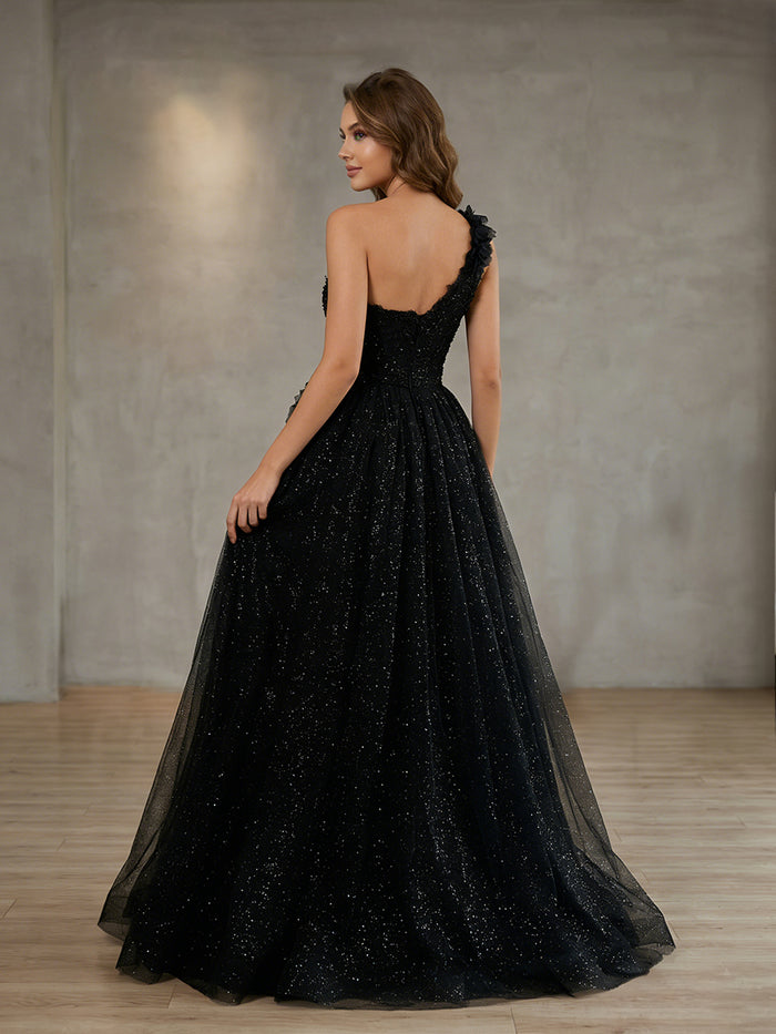 Tulle A-Line One Shoulder Side Slit Prom Dresses