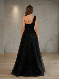 Tulle A-Line One Shoulder Side Slit Prom Dresses