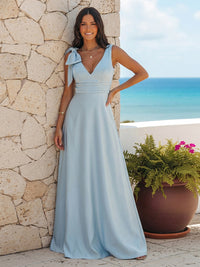 A Line V Neck Sleeveless Bridesmaid Dresses with Bow