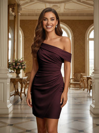 One Shoulder Satin Formal Dresses with Pleated