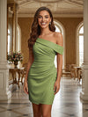 One Shoulder Satin Formal Dresses with Pleated