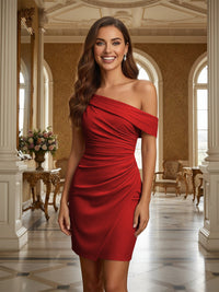 One Shoulder Satin Formal Dresses with Pleated