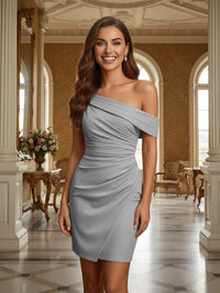 One Shoulder Satin Formal Dresses with Pleated