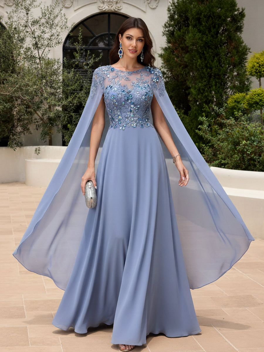 Elegant Sequined Chiffon Formal Dresses with Cape Shawl