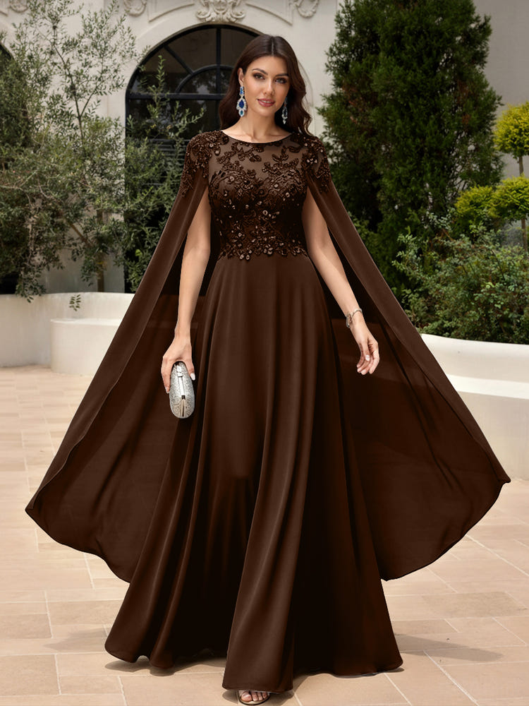 Elegant Sequined Chiffon Formal Dresses with Cape Shawl