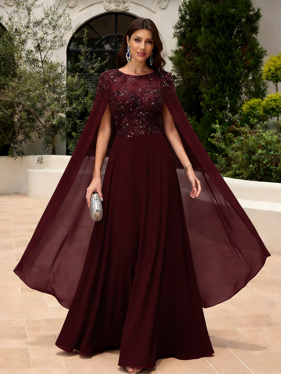 Elegant Sequined Chiffon Formal Dresses with Cape Shawl