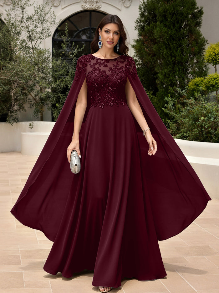 Elegant Sequined Chiffon Formal Dresses with Cape Shawl