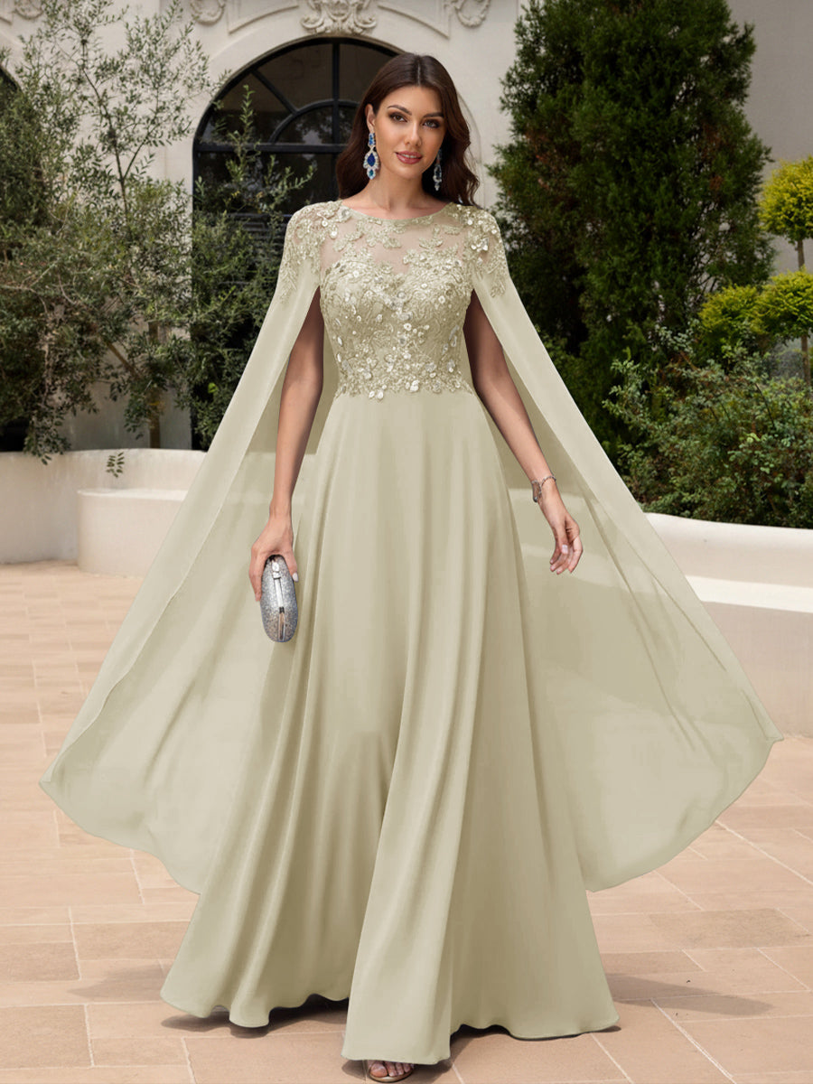 2026 Champagne Formal Dresses with Cape Sleeves Evening Wedding Guest Dresses Sequin Embroidery Crew Neck Chiffon Floor-Length 2026 Champagne Formal Dresses with Cape Sleeves Evening Wedding Guest Dresses Sequin Embroidery Crew Neck Chiffon Floor-Length