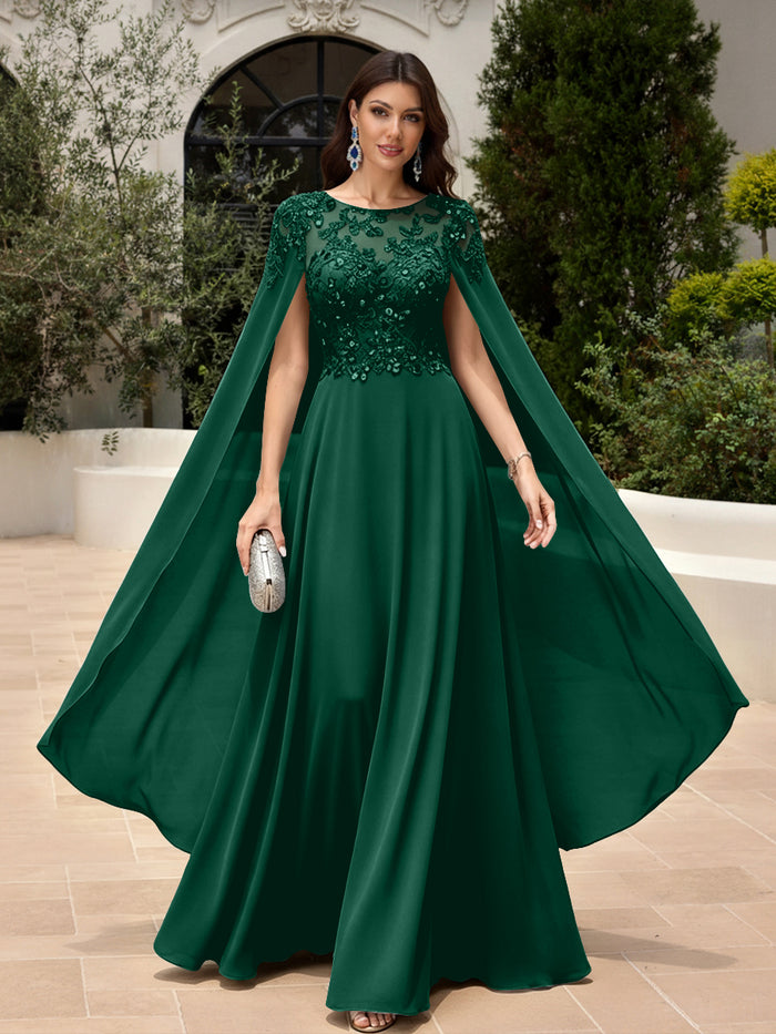 Elegant Sequined Chiffon Formal Dresses with Cape Shawl