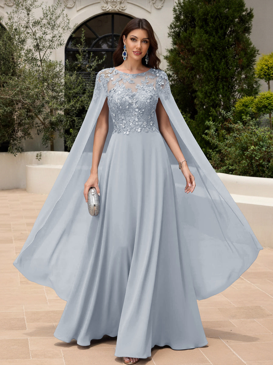 2026 Dusty Blue Formal Dresses with Cape Sleeves Evening Wedding Guest Dresses Sequin Embroidery Crew Neck Chiffon Floor-Length 2026 Dusty Blue Formal Dresses with Cape Sleeves Evening Wedding Guest Dresses Sequin Embroidery Crew Neck Chiffon Floor-Length