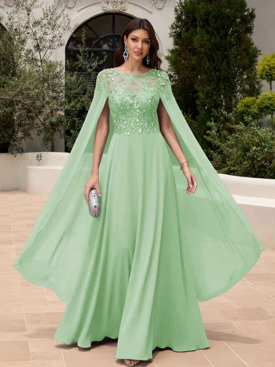 2026 Dusty Sage Formal Dresses with Cape Sleeves Evening Wedding Guest Dresses Sequin Embroidery Crew Neck Chiffon Floor-Length 2026 Dusty Sage Formal Dresses with Cape Sleeves Evening Wedding Guest Dresses Sequin Embroidery Crew Neck Chiffon Floor-Length